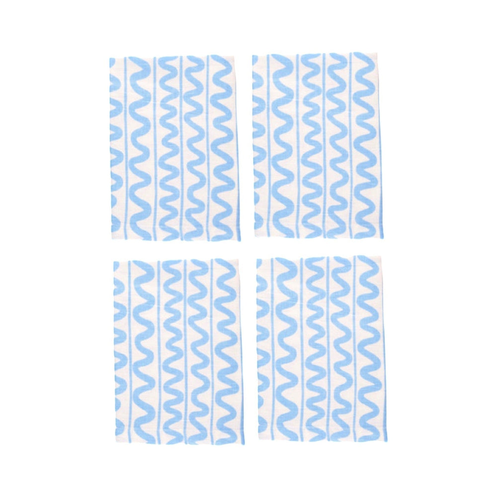 Set of blue zigzag patterned linen napkins on a white background