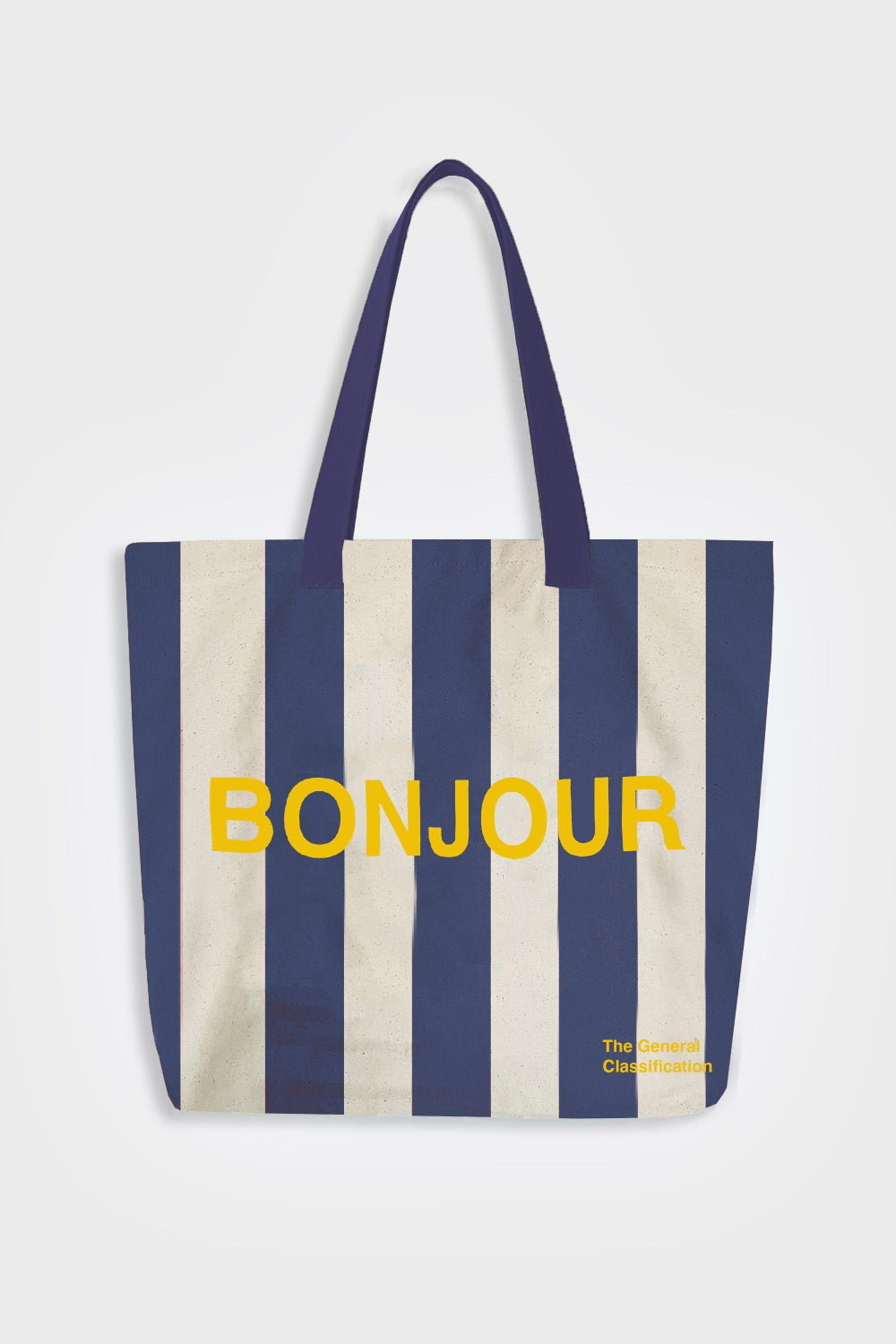 Navy Striped tote bag with 'Bonjour' text on a white background