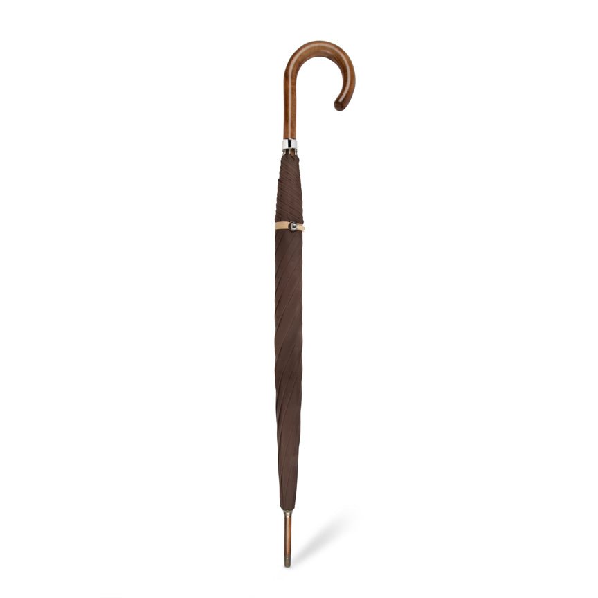 Brown umbrella with curved handle on a white background