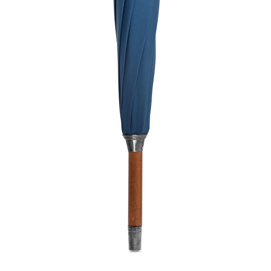 Blue umbrella with wooden handle on a white background