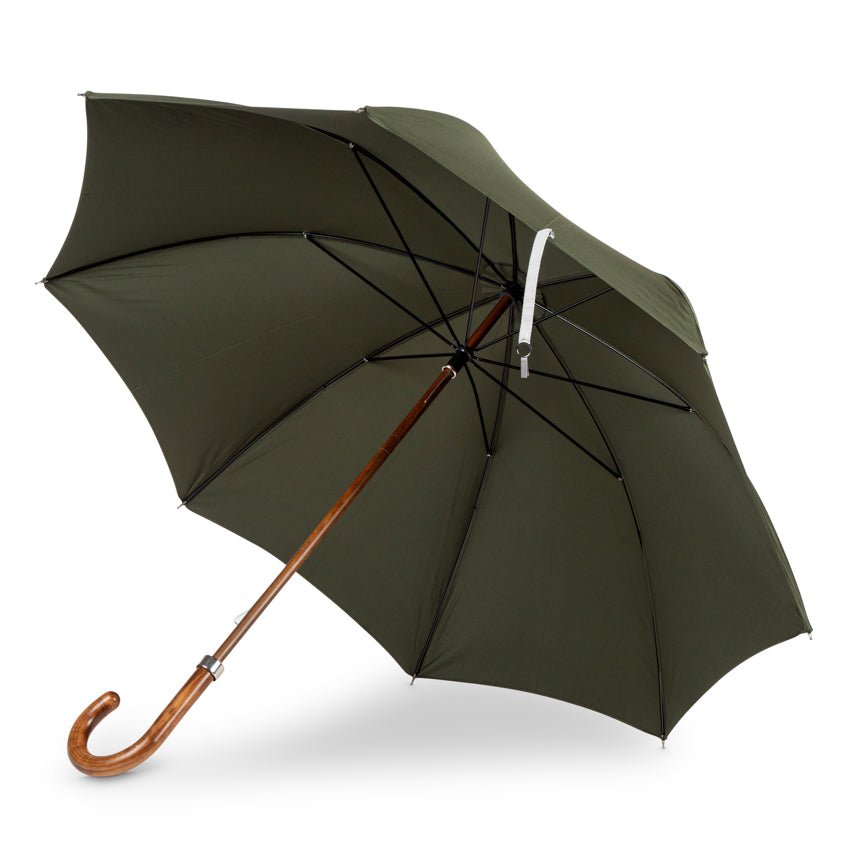 Racing Green umbrella with a wooden handle on a white background
