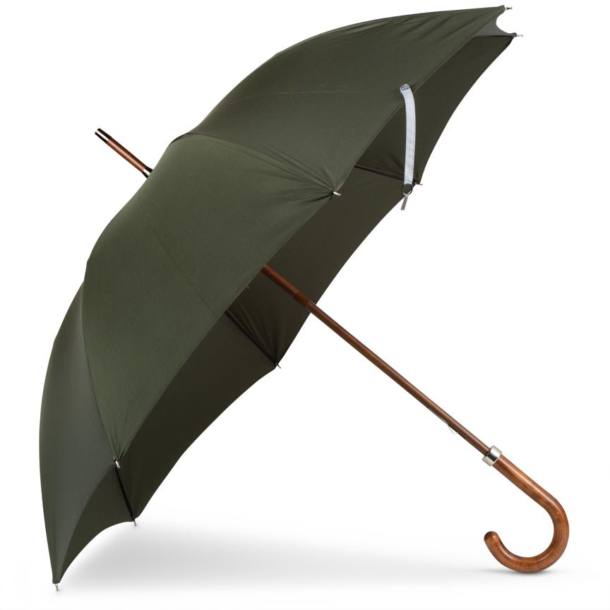 Dark green umbrella with a wooden handle on a white background