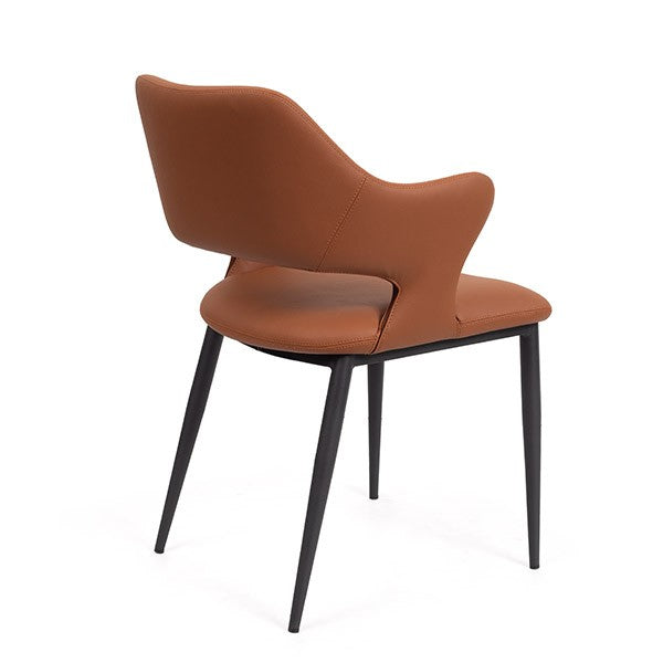 Brown faux leather dining chair with black legs on a white background showing side profile