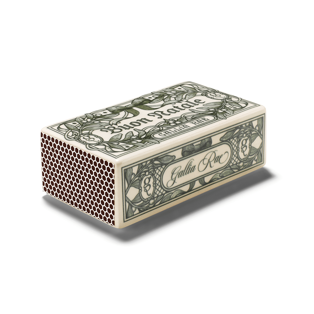 Gallia Rae Buon Natale ceramic matchbox showing the decorative green design and optional match striker strip