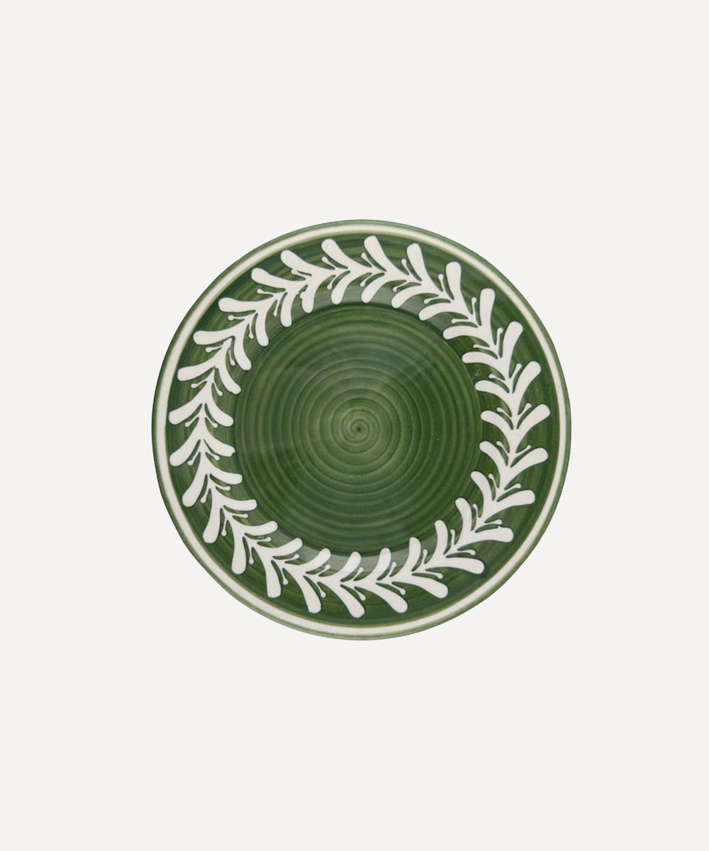 Dark Helecho Fern Green ceramic side plate with hand-painted white fern wreath by CasaLatina.