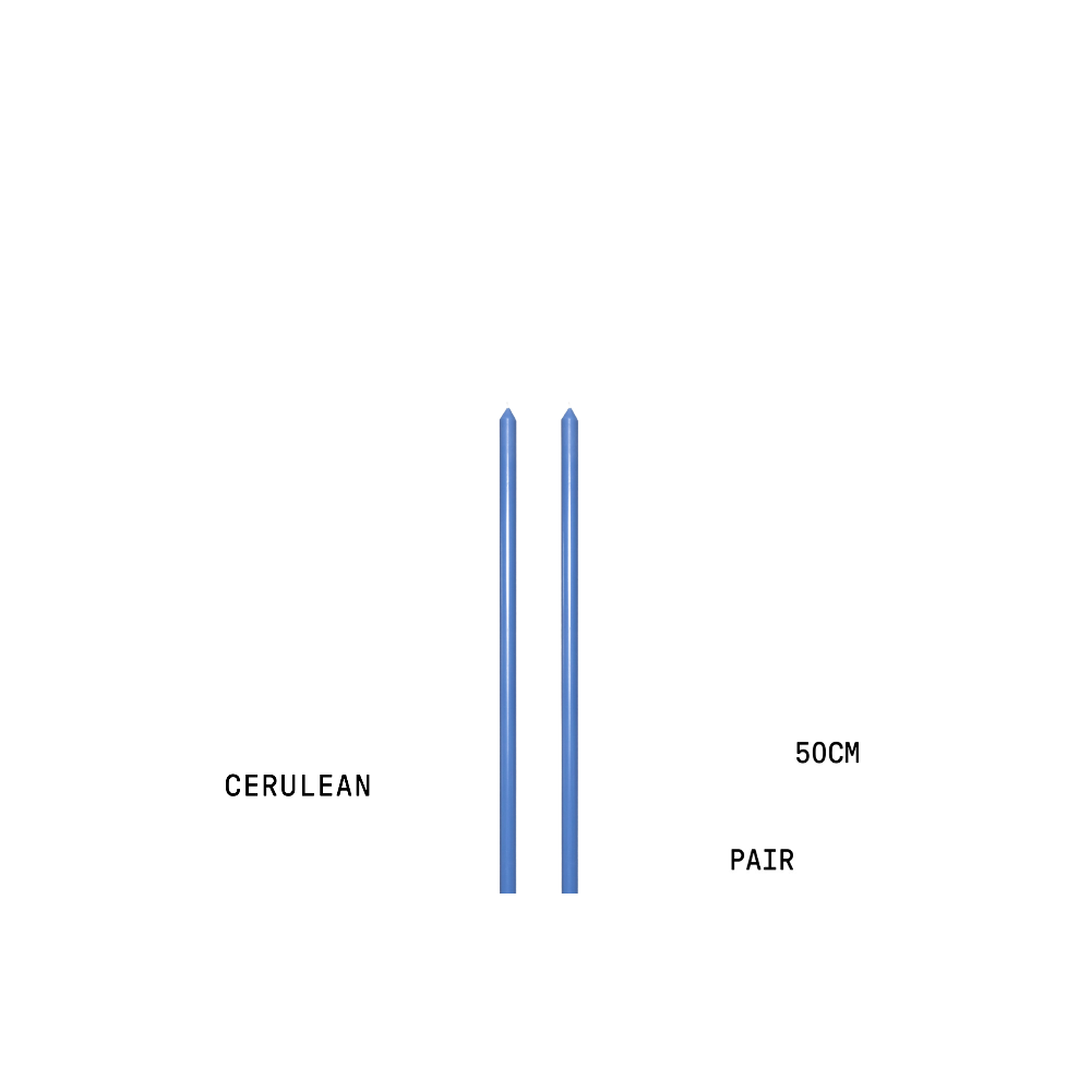 Two blue candles labelled 'Cerulean' with measurement '50cm' on a white background.