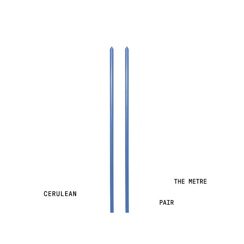 Two blue candles labelled 'Cerulean' and 'The Metre Pair' on a white background.