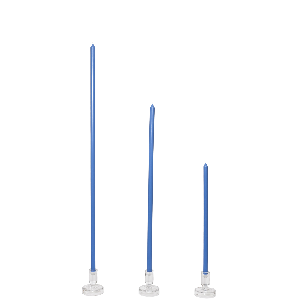 Three blue candles on white background