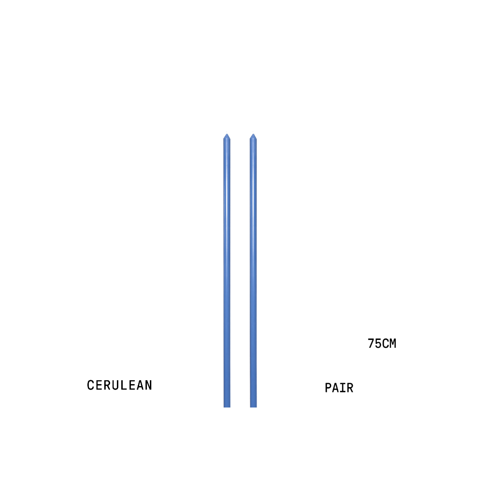 Two blue candles labelled 'Cerulean' and 'Pair' with a length of 75cm on a white background.