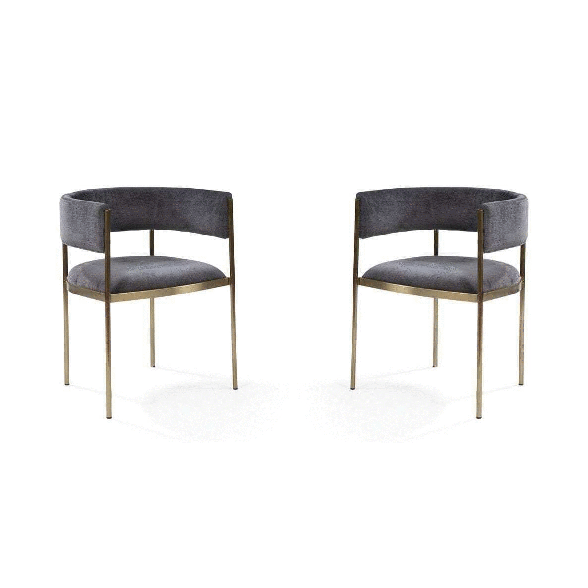 Two charcoal velvet dining chairs with brushed brass thin legs