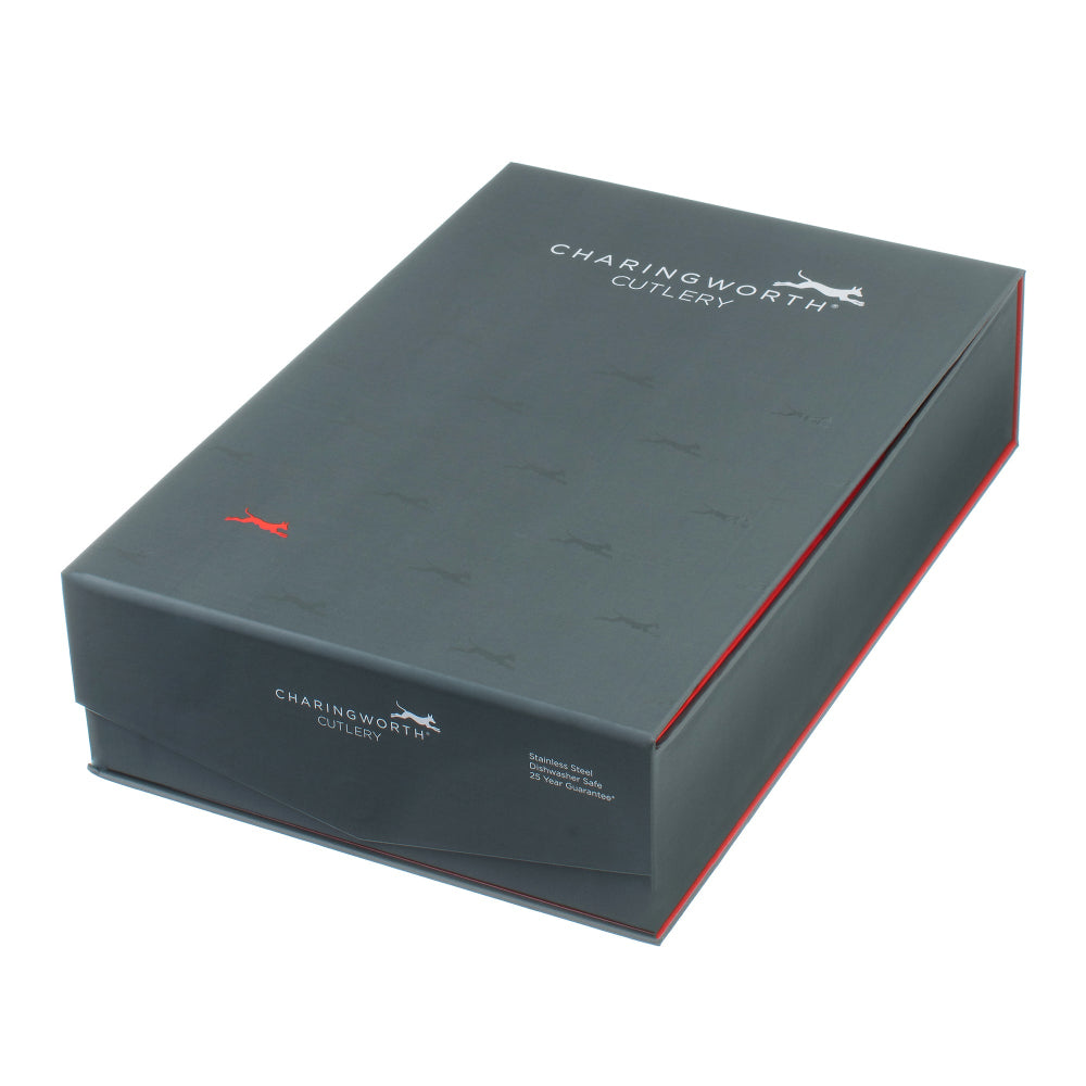 Dark grey box with red edges and 'Charingworth Cutlery' branding on a white background