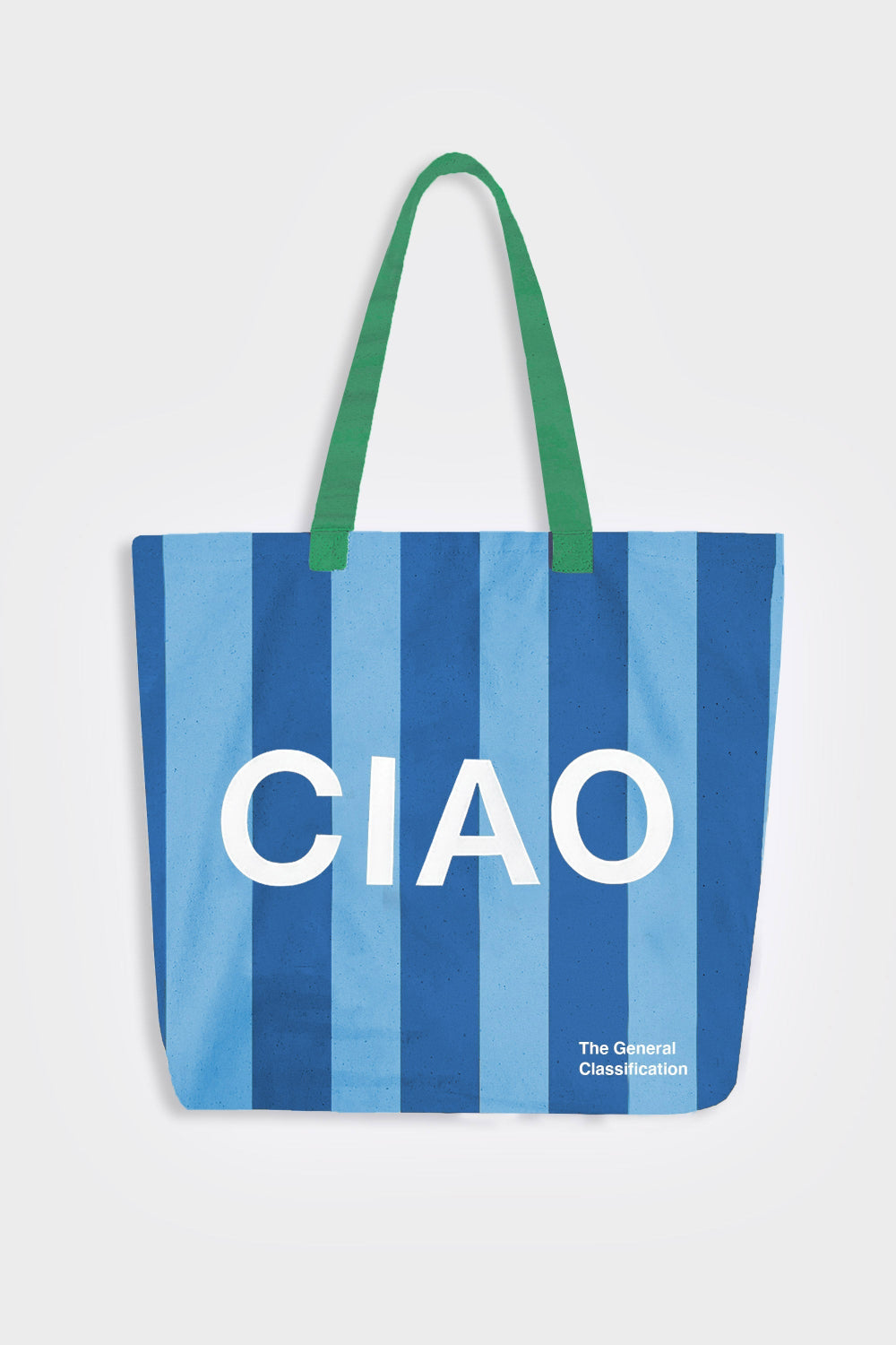 Blue striped tote bag with 'CIAO' text on a white background