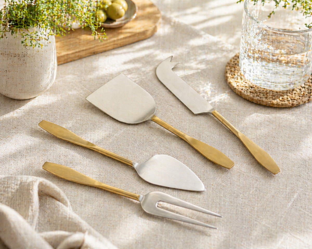Set of gold and silver cheese tools on a textured surface with a glass and plant in the background.