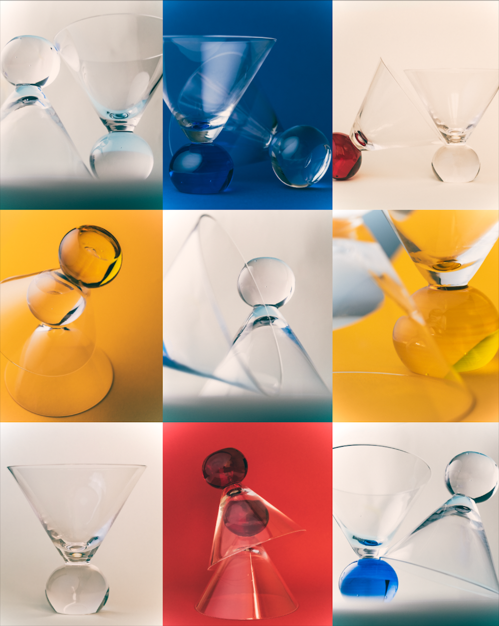 Collage of various cocktail glassware on a multicoloured background