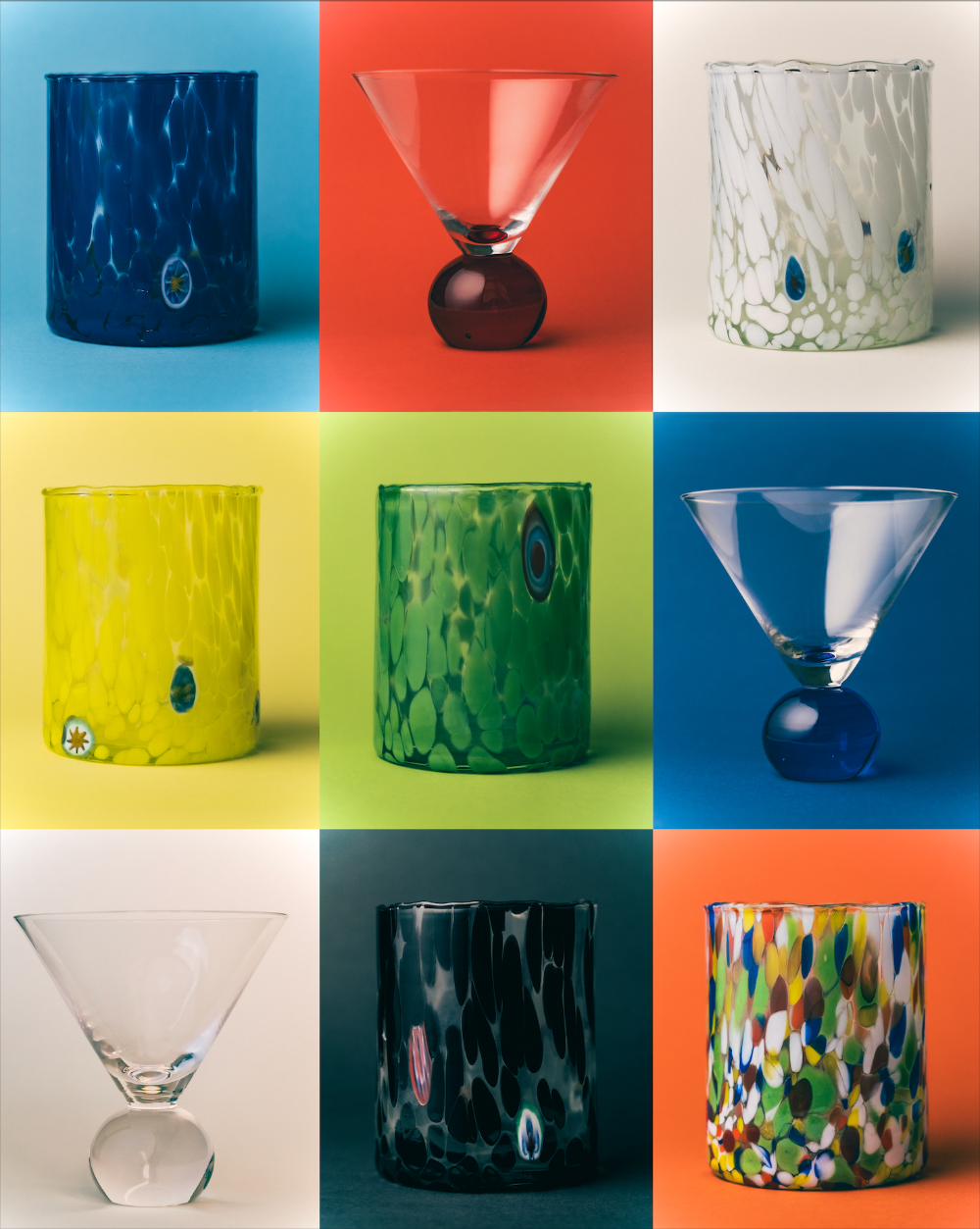 Grid of colorful glass cocktail glasses on a multicoloured background
