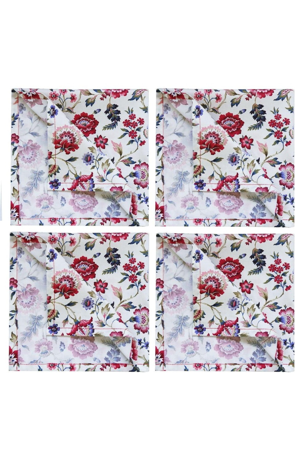 Four floral napkins with red and pink flowers on a white background