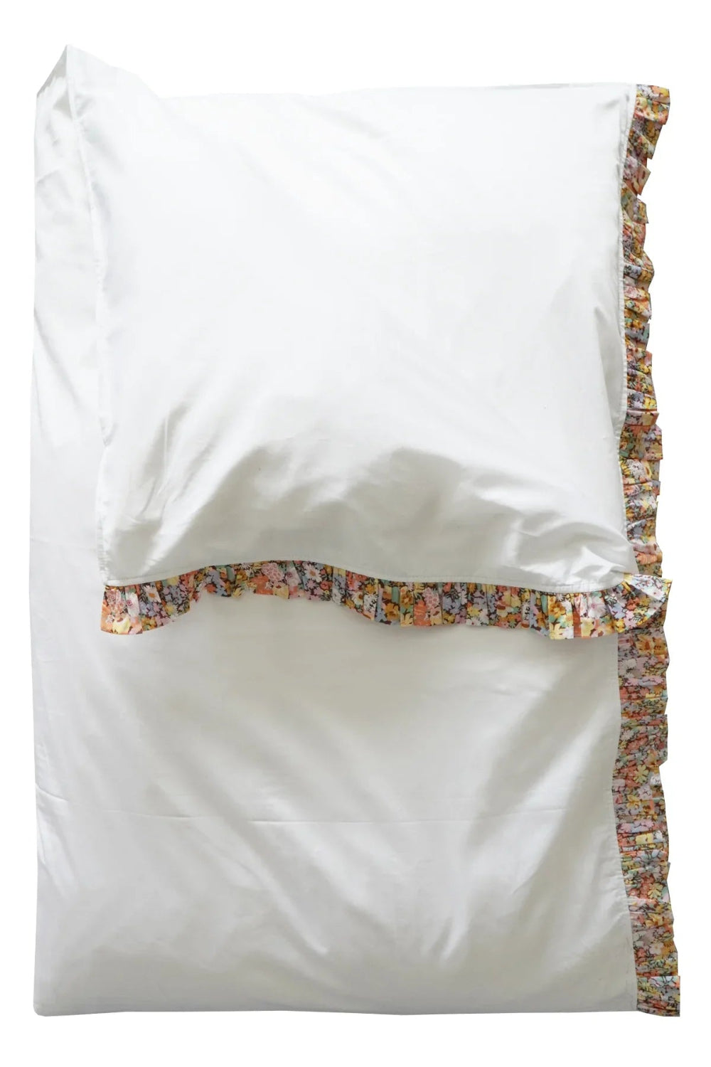 White pillowcase with colourful floral border on a white background