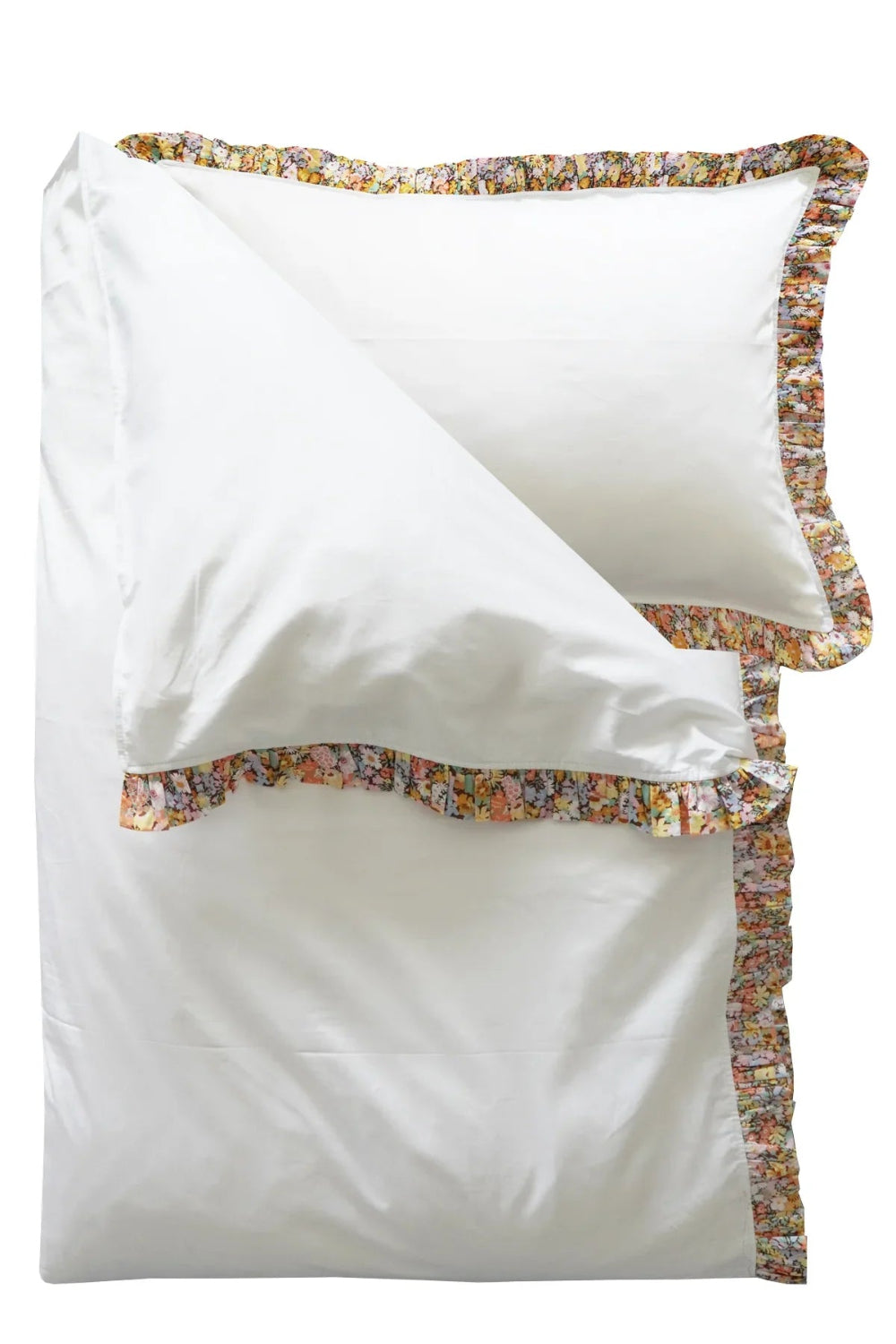 White pillowcases and duvet set with floral trim on a white background