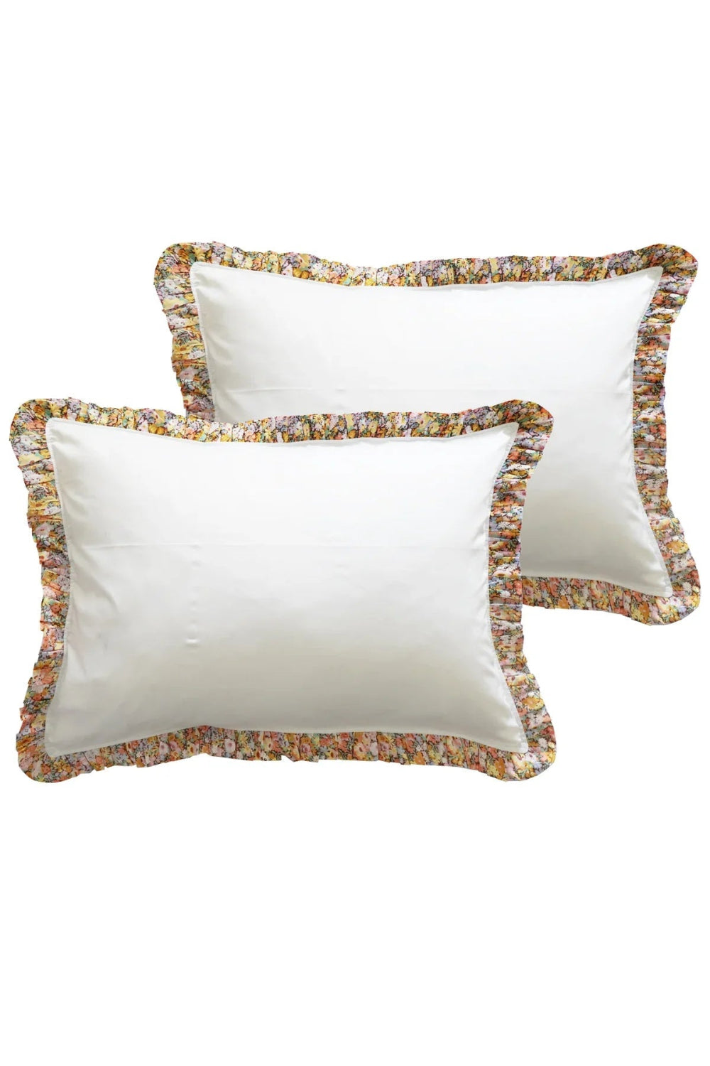 Two white pillows with floral trim on a white background