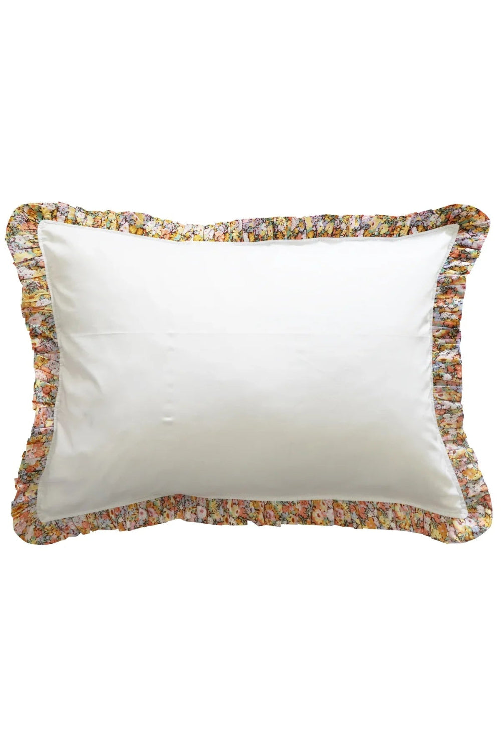 White pillow with a colourful floral border on a white background