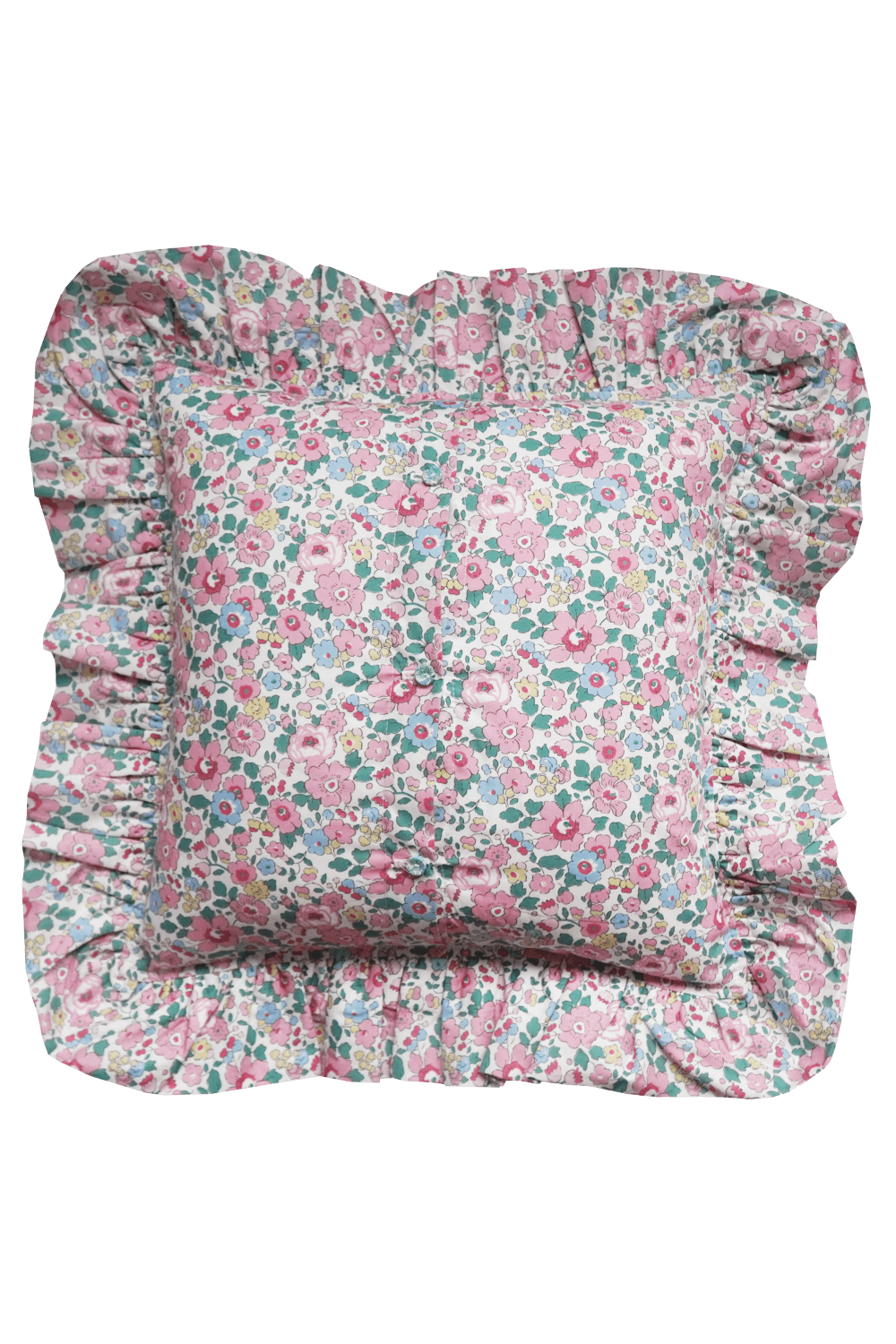 Floral cushion with ruffled edges on a solid background