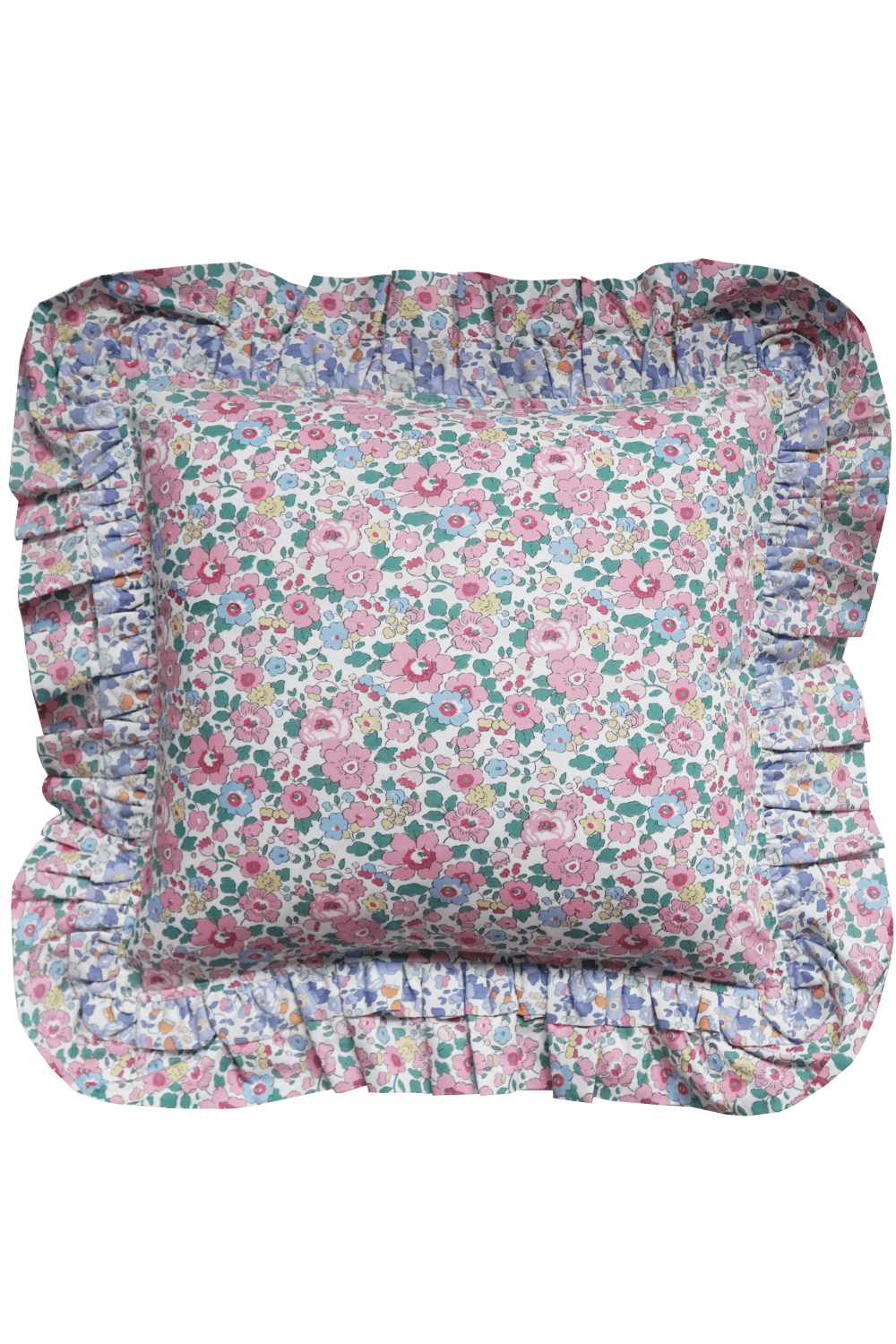 Floral patterned double ruffle cushion with ruffled edges on a solid background