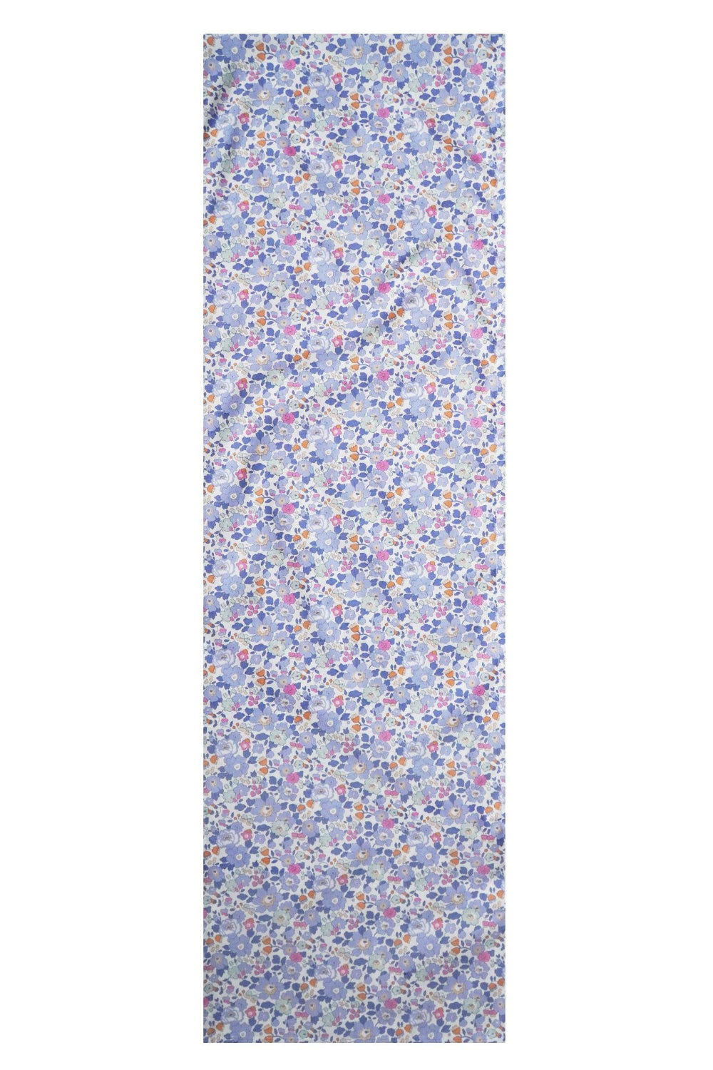 Floral patterned fabric table runner on a white background