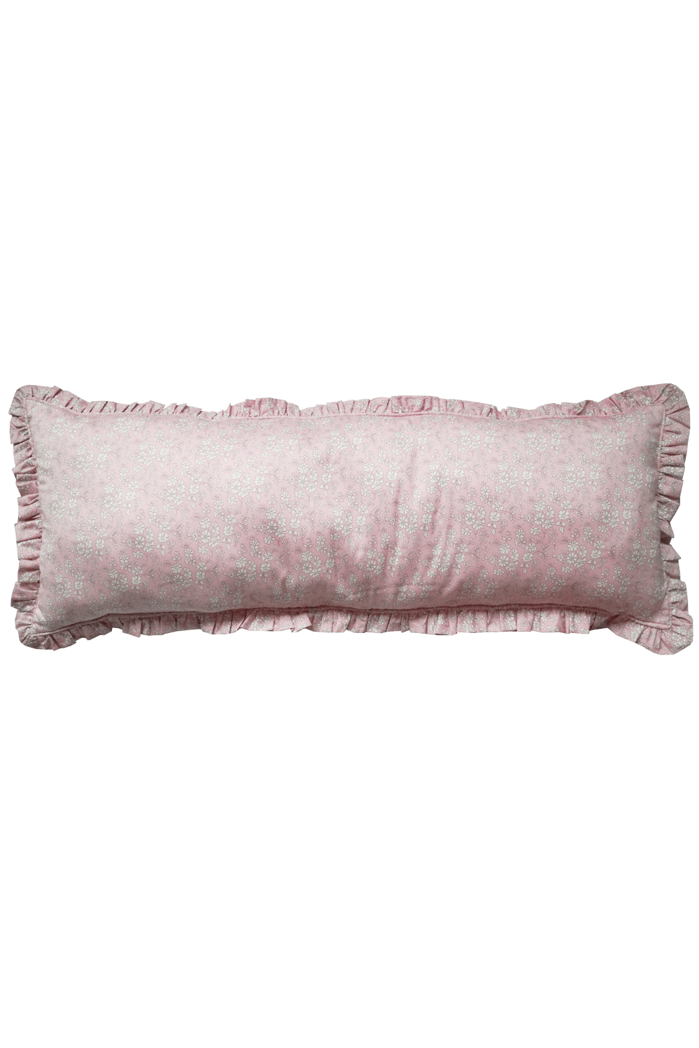 Pink textured lumbar cushion with ruffled edges on a solid background
