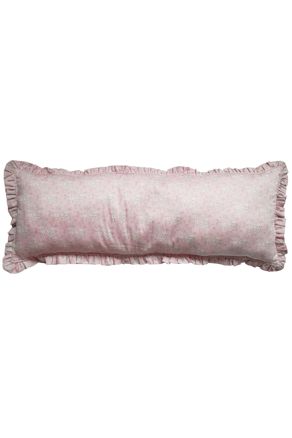 Pink textured Lumbar pillow with ruffled edges on a solid background