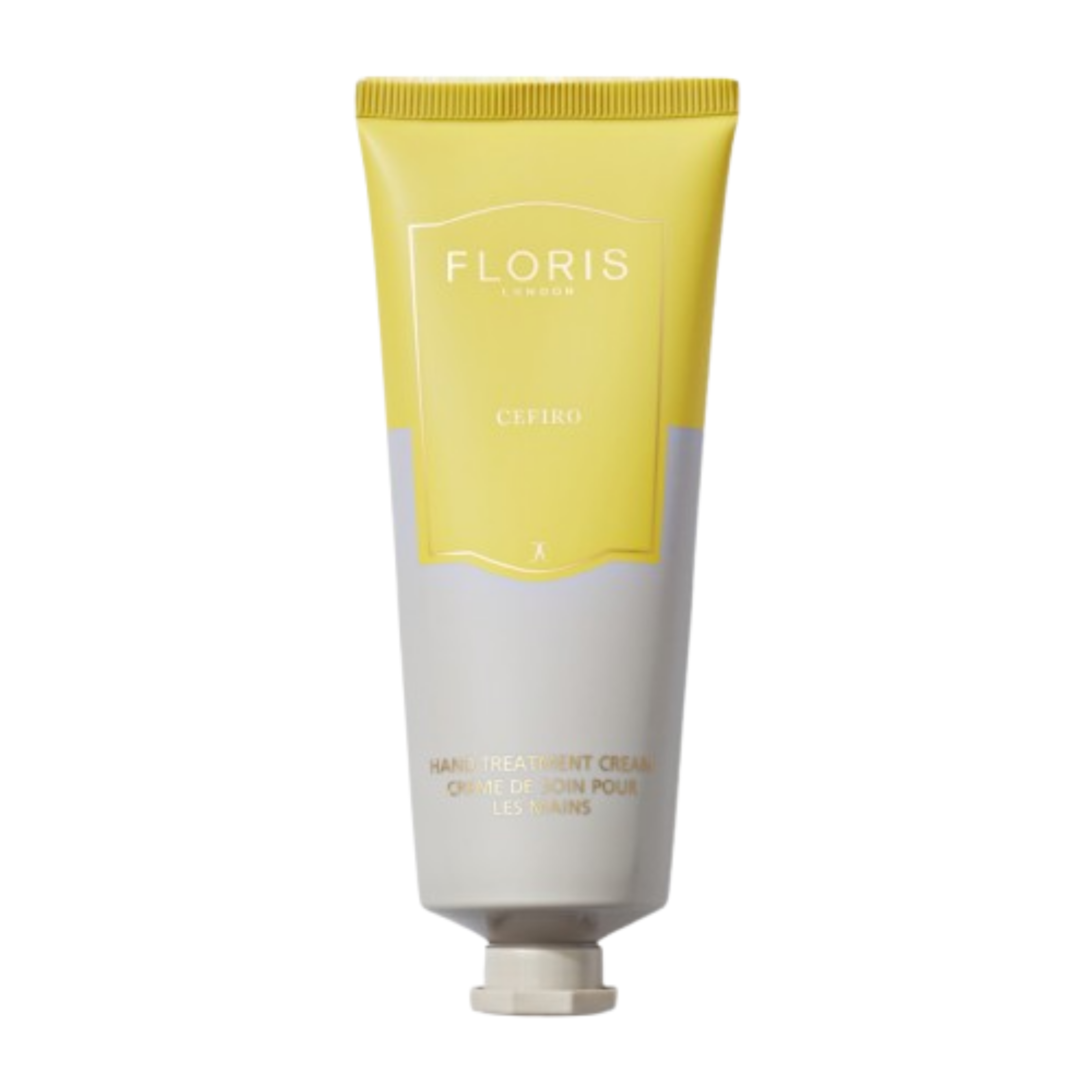 Floris hand cream tube with yellow and white tube on a white background