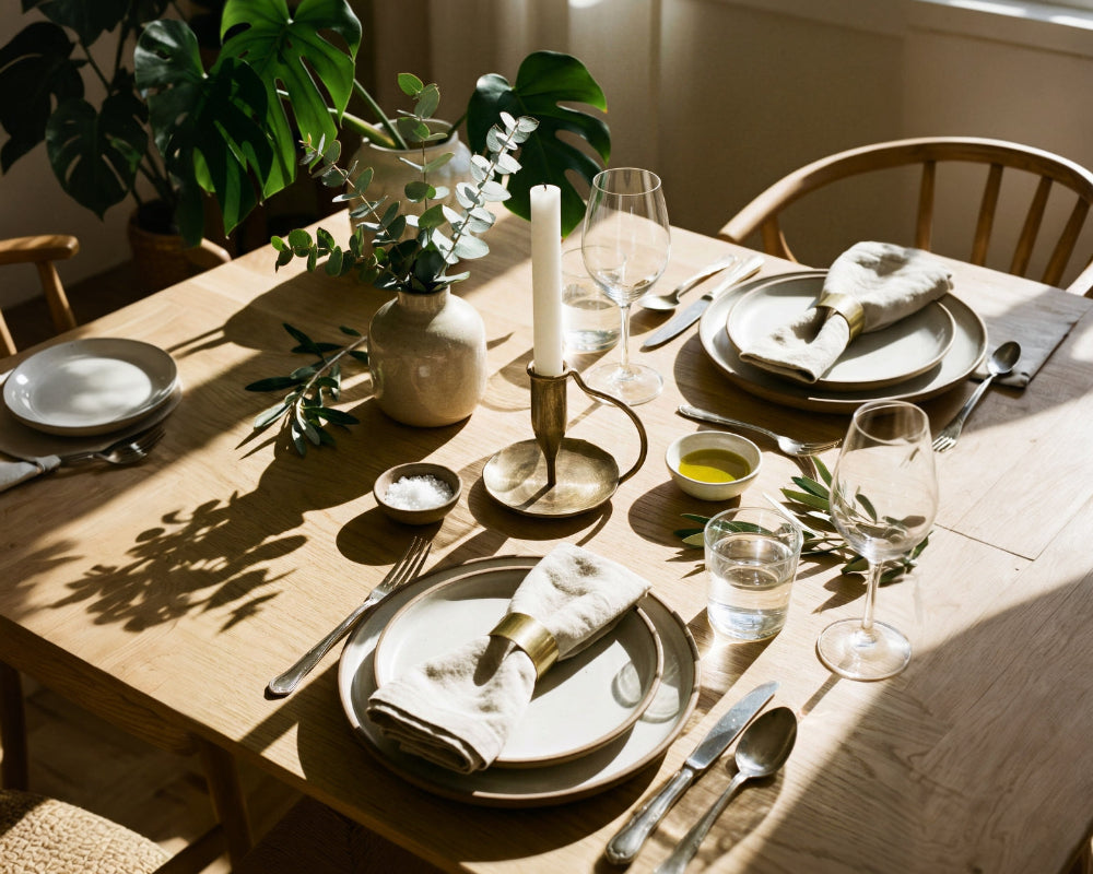 Dining table set with plates, glasses, and cutlery with a candle and plants in the background.