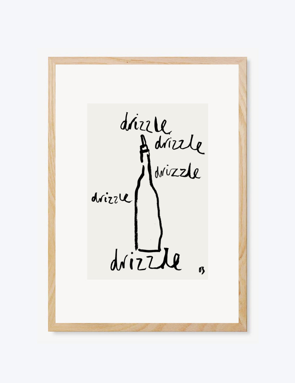 Framed artwork with a bottle illustration and 'drizzle' text on a white background