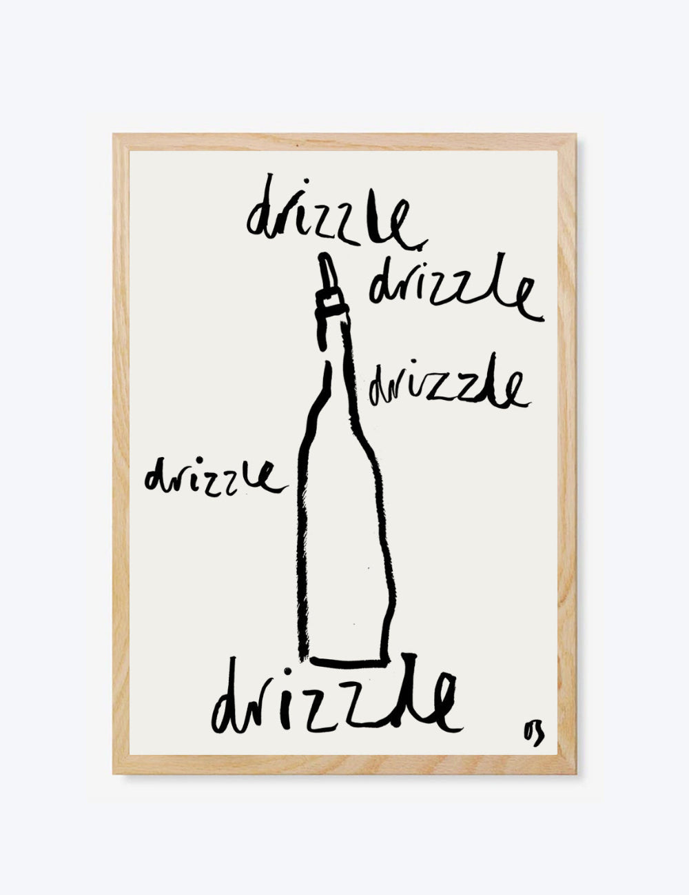 Framed artwork with a bottle and 'drizzle' text on a white background