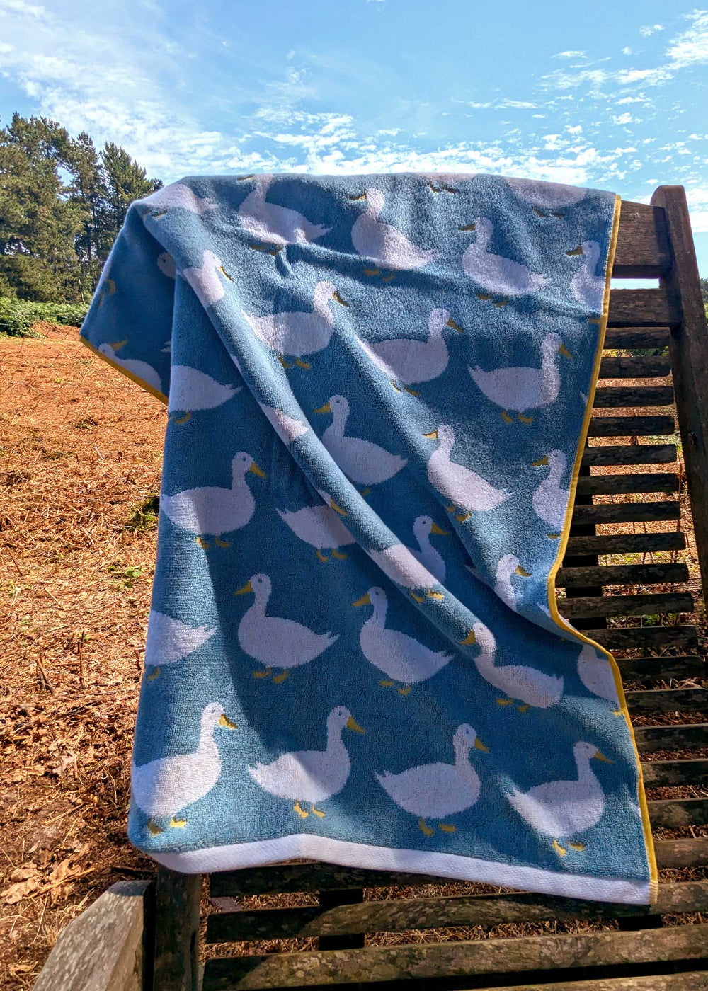 Blue towel with duck pattern draped over a wooden bench outdoors