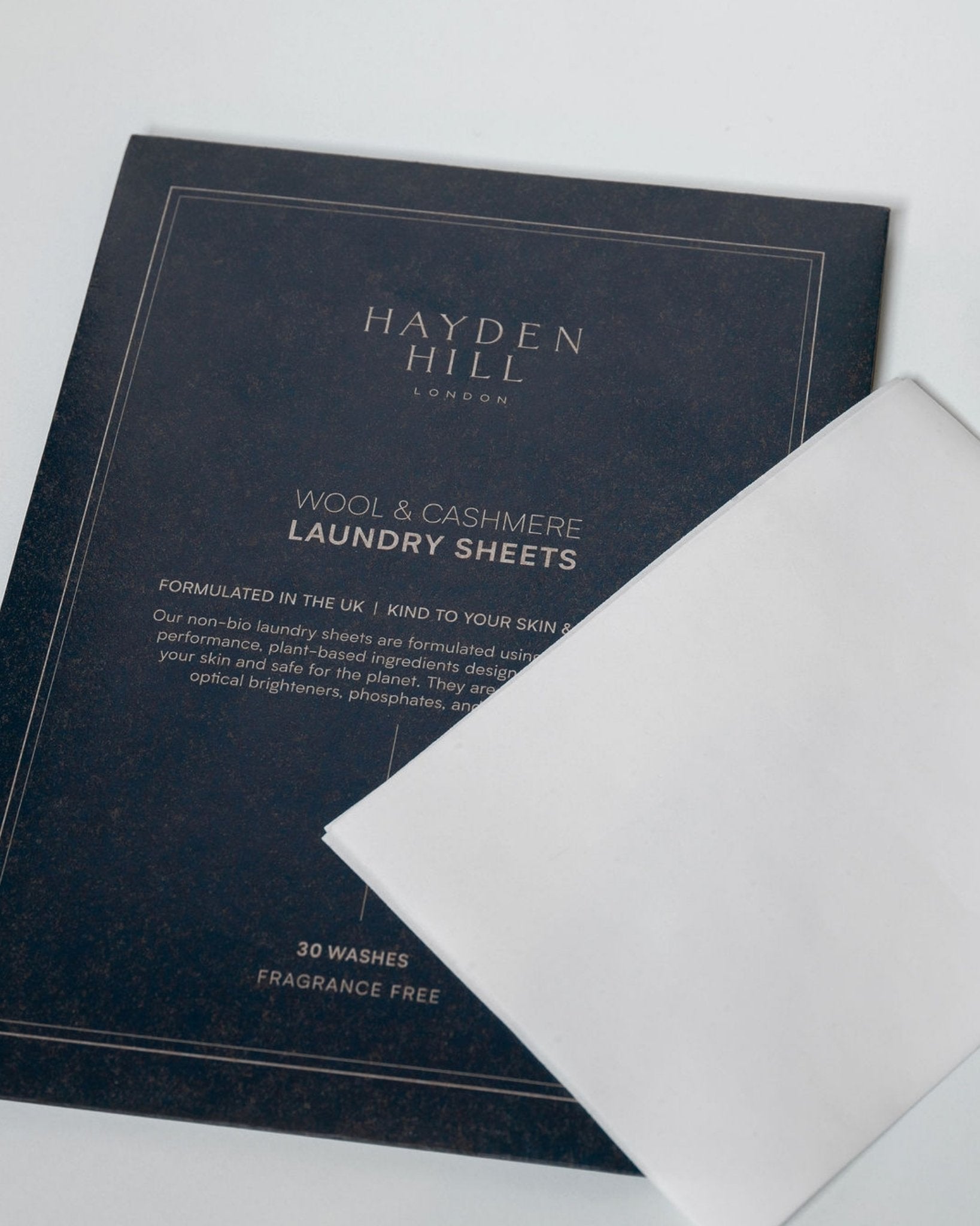 Hayden Hill Wool & Cashmere Laundry Sheets packaging on a white background