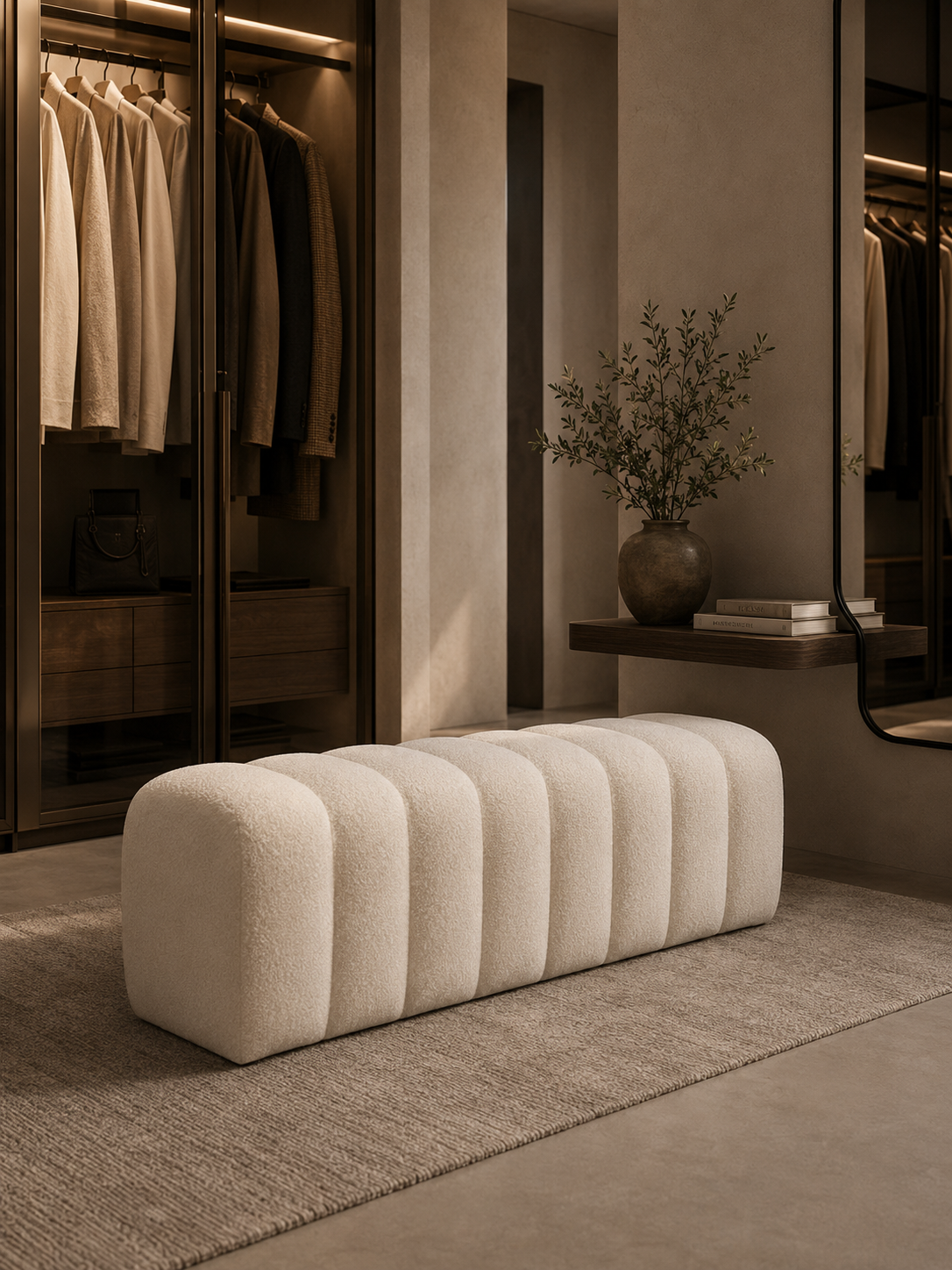 A modern, tufted cream boucle bench in a luxury, warm-toned walk-in closet setting.