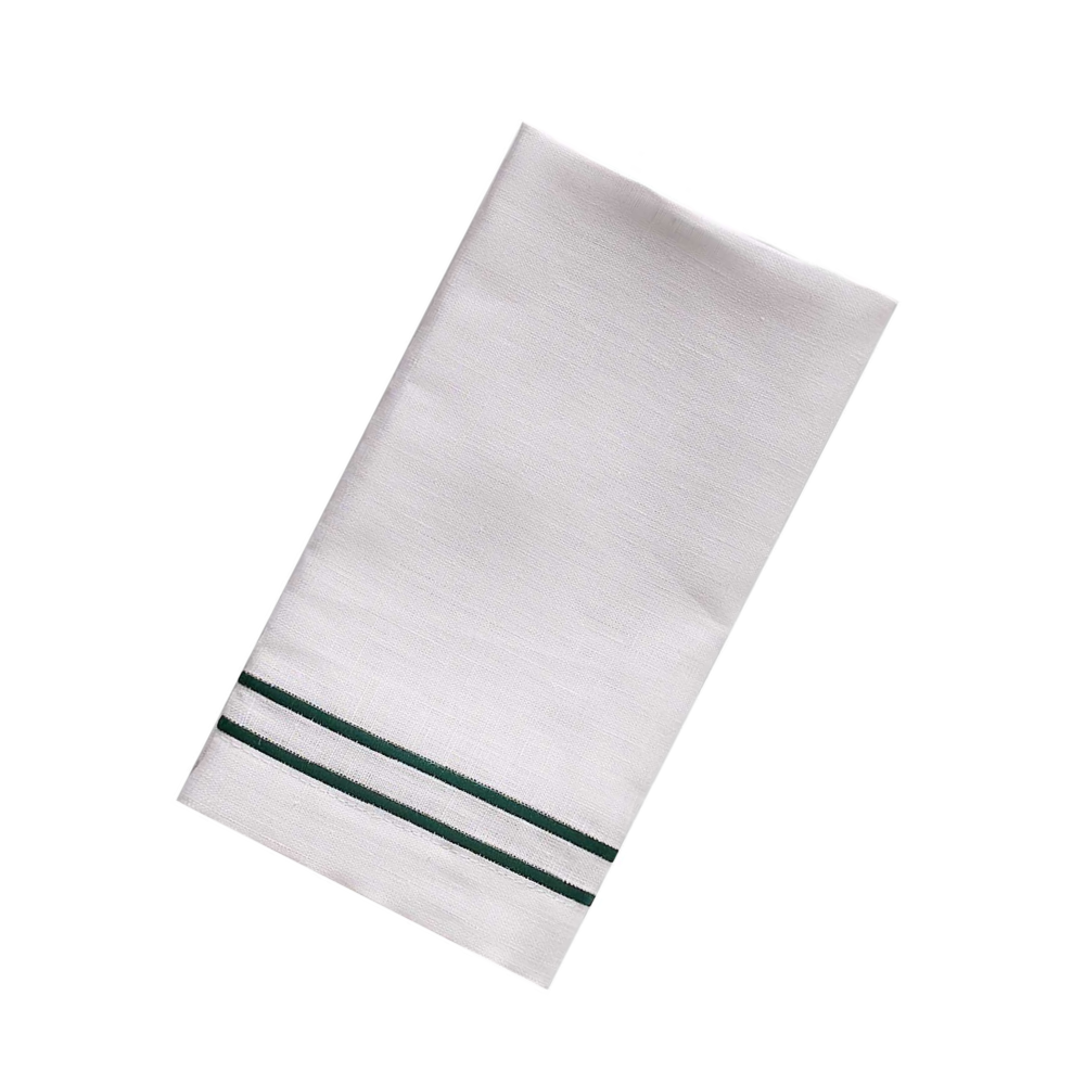 White folded napkin with green stripes on a white background