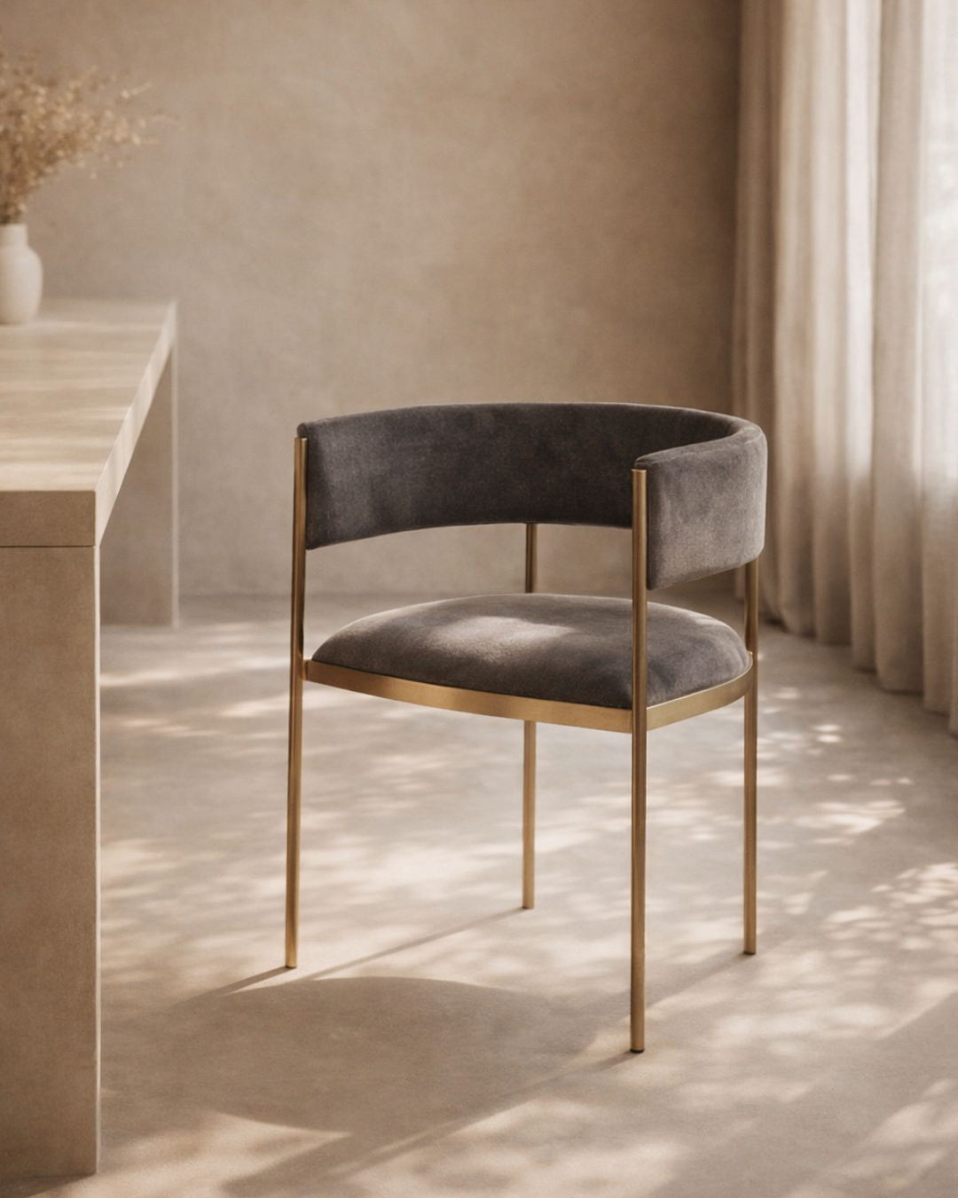 Charcoal velvet chair with gold legs in a minimalistic room.