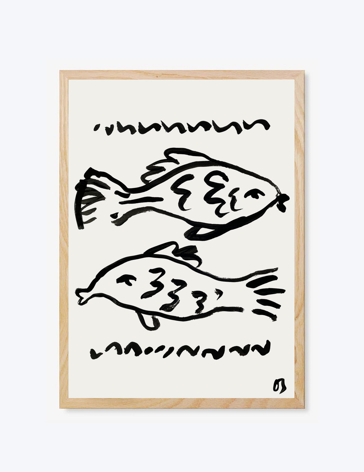 Framed artwork with black line drawings of fish on a white background