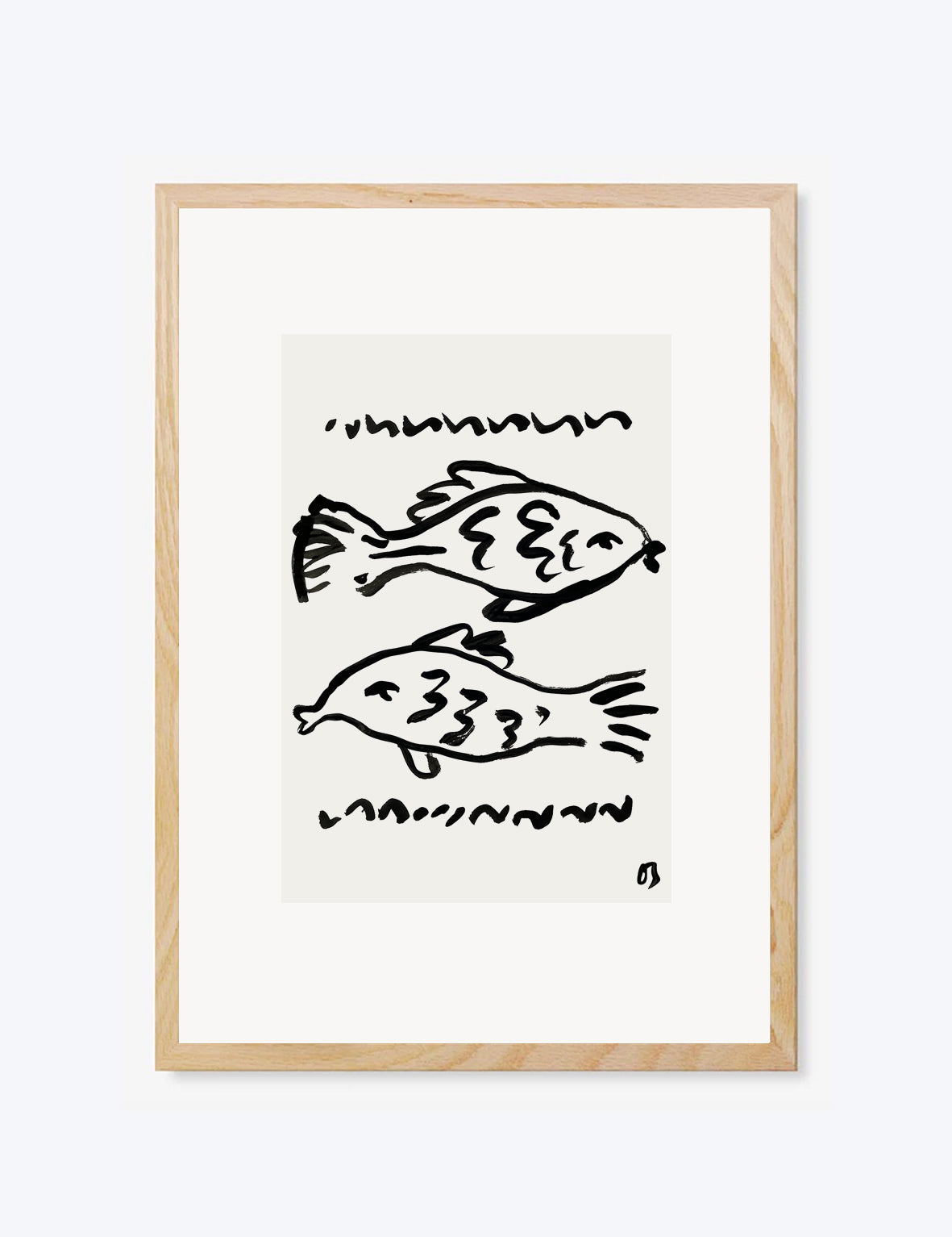 Framed artwork with black line drawings of fish on a white background
