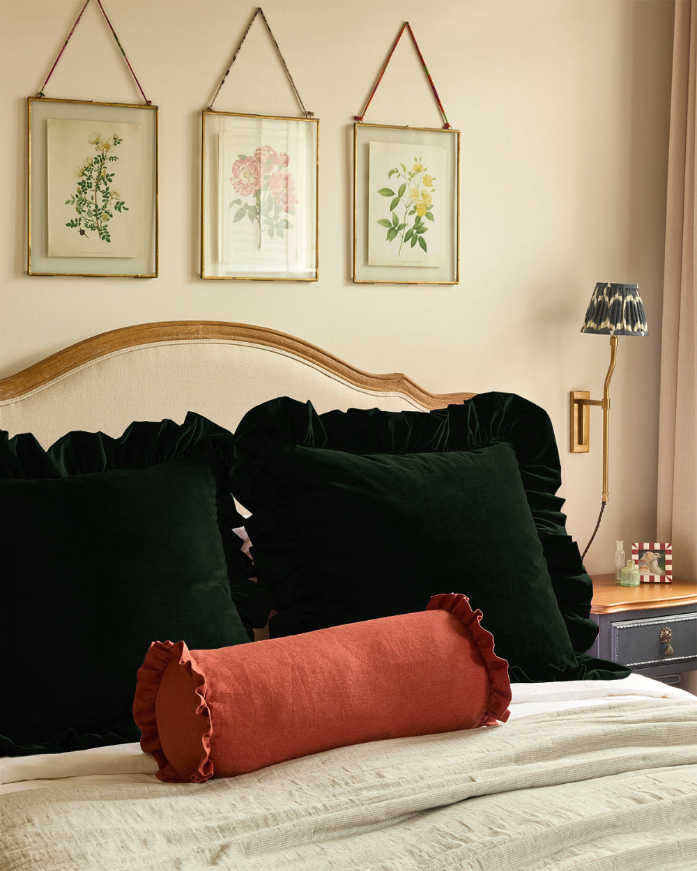 Olive green XL velvet cushion with gathered ruffle