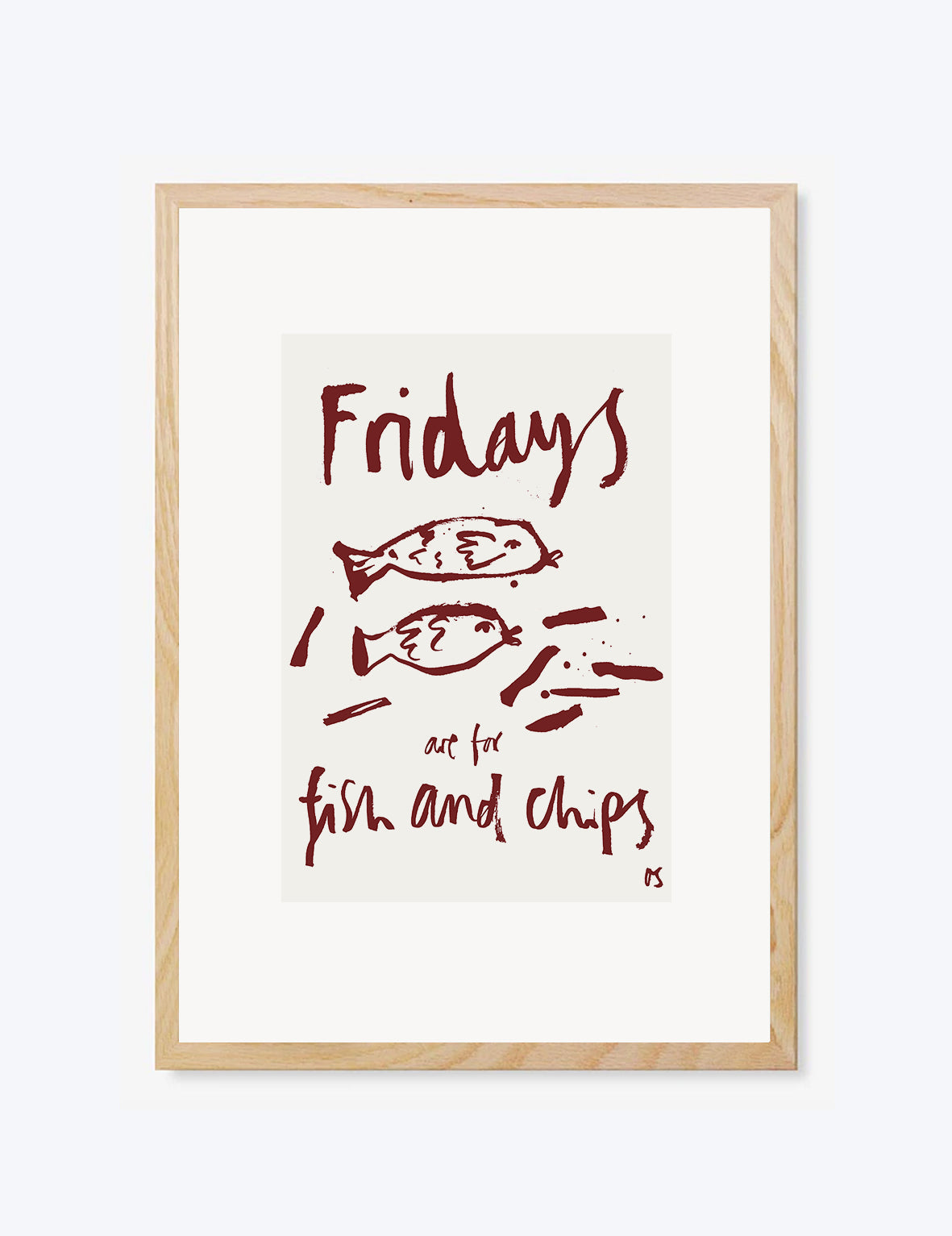 Framed artwork with 'Fridays are for fish and chips' text and fish illustrations on a white background