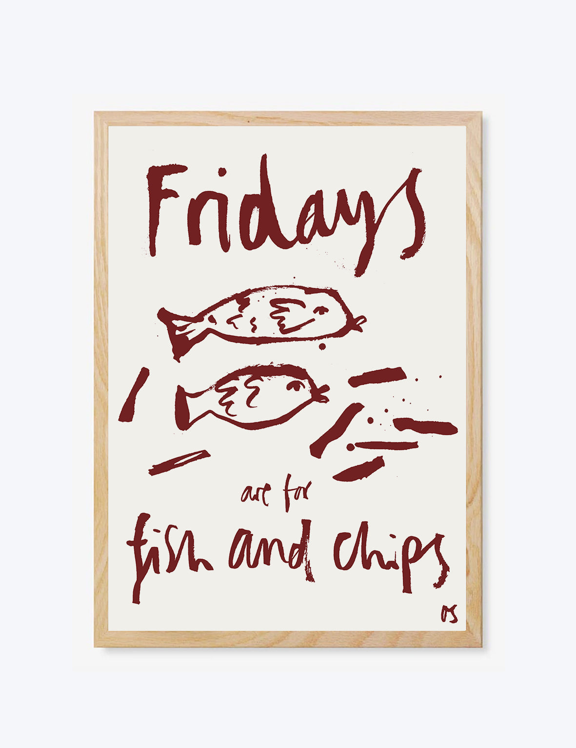 Framed print with 'Fridays are for fish and chips' text and fish illustrations on a white background