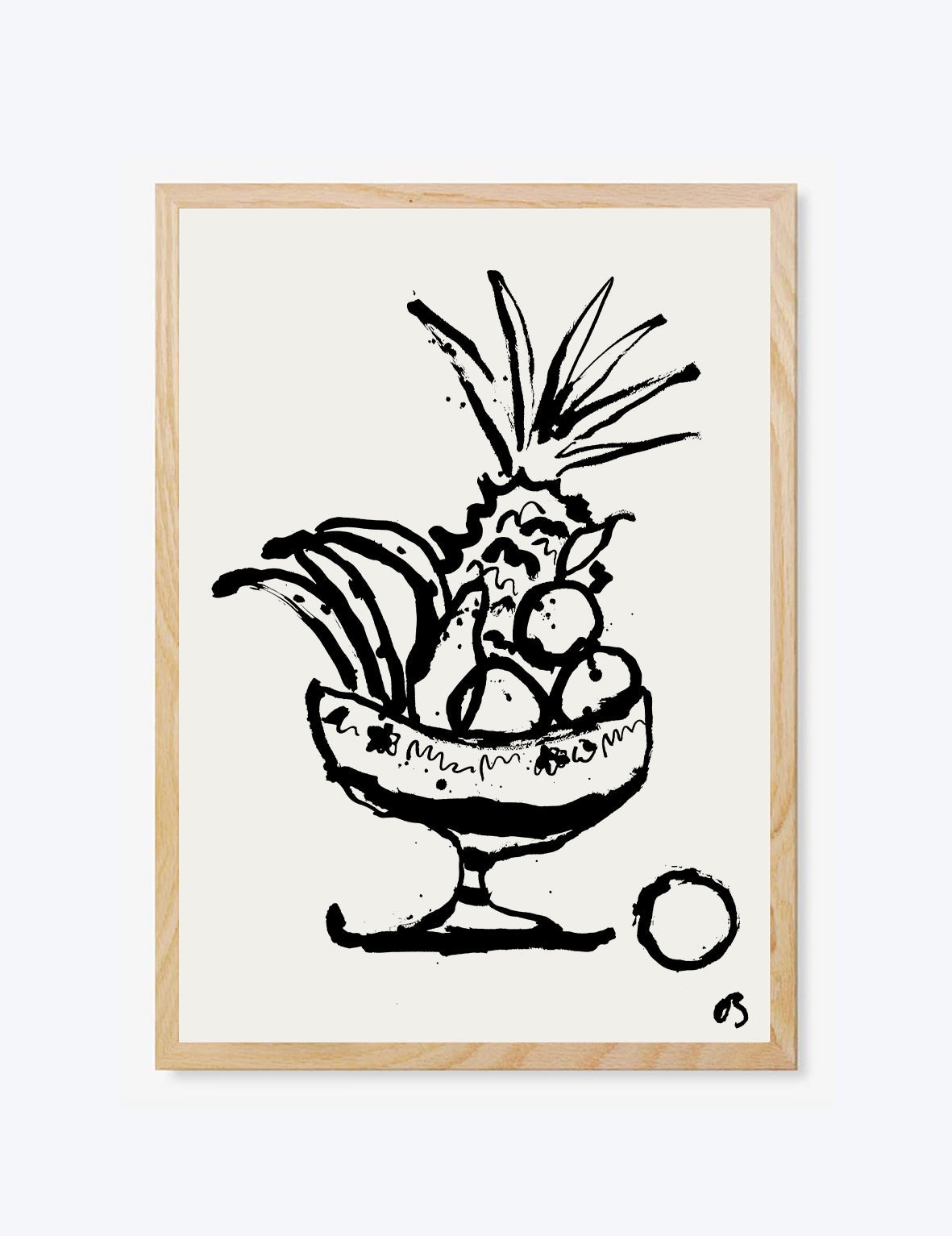 Framed artwork of a black and white illustration of a bowl with fruits on a white background