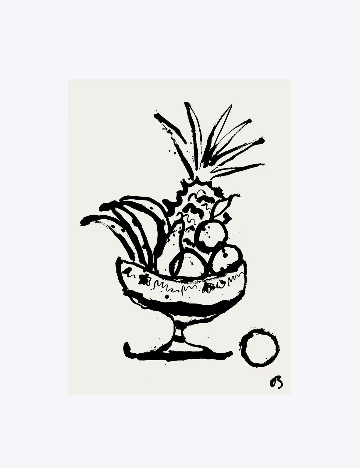 Black and white illustration of a pineapple in a bowl on a beige background