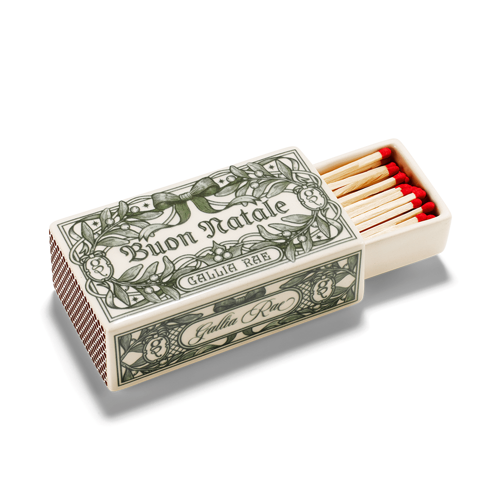 Open Buon Natale ceramic matchbox by Gallia Rae showing the sliding drawer holding red-tipped matches