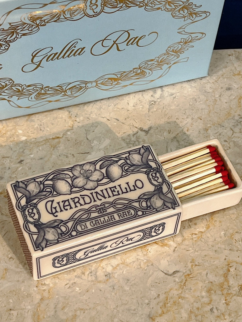 Ceramic Matchbox with 'Gallia Rae' branding on a stone surface