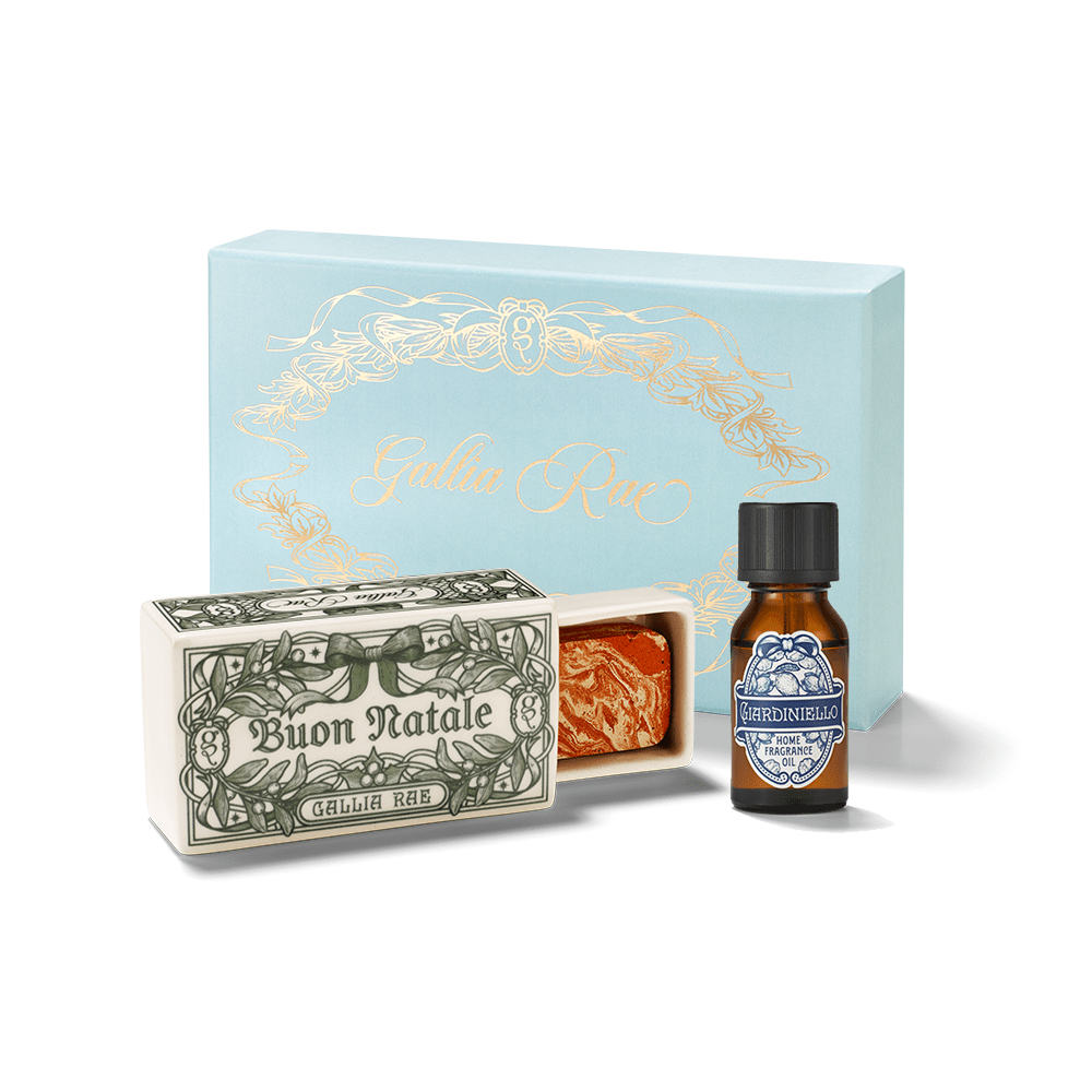 Buon Natale Pietrina diffuser set by Gallia Rae with Giardiniello fragrance oil and marbled terracotta diffusion stone