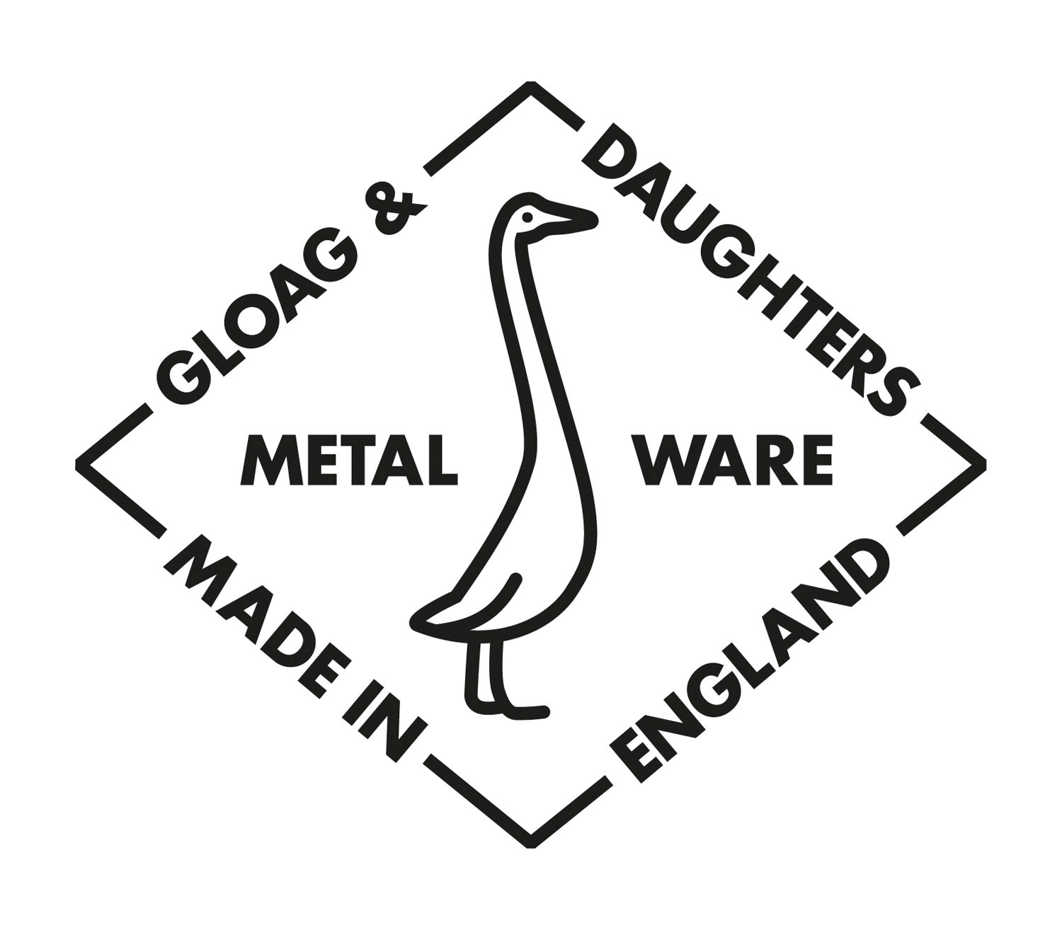 A black metal logo featuring a goose outline inside a diamond border, with the text 'GLOAG & DAUGHTERS', 'METAL WARE', 'MADE IN ENGLAND' on a white background.