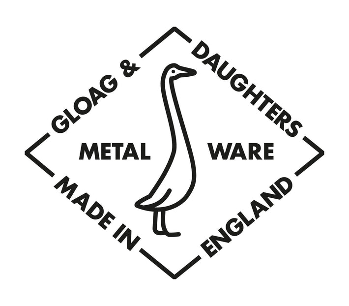 A black metal logo featuring a goose outline inside a diamond border, with the text 'GLOAG & DAUGHTERS', 'METAL WARE', 'MADE IN ENGLAND' on a white background.